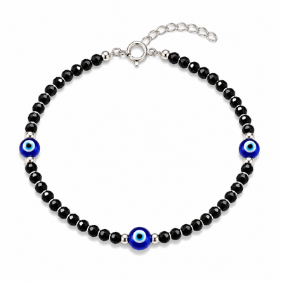 925 Sterling Silver Triple Evil Eye Black Beads Payal