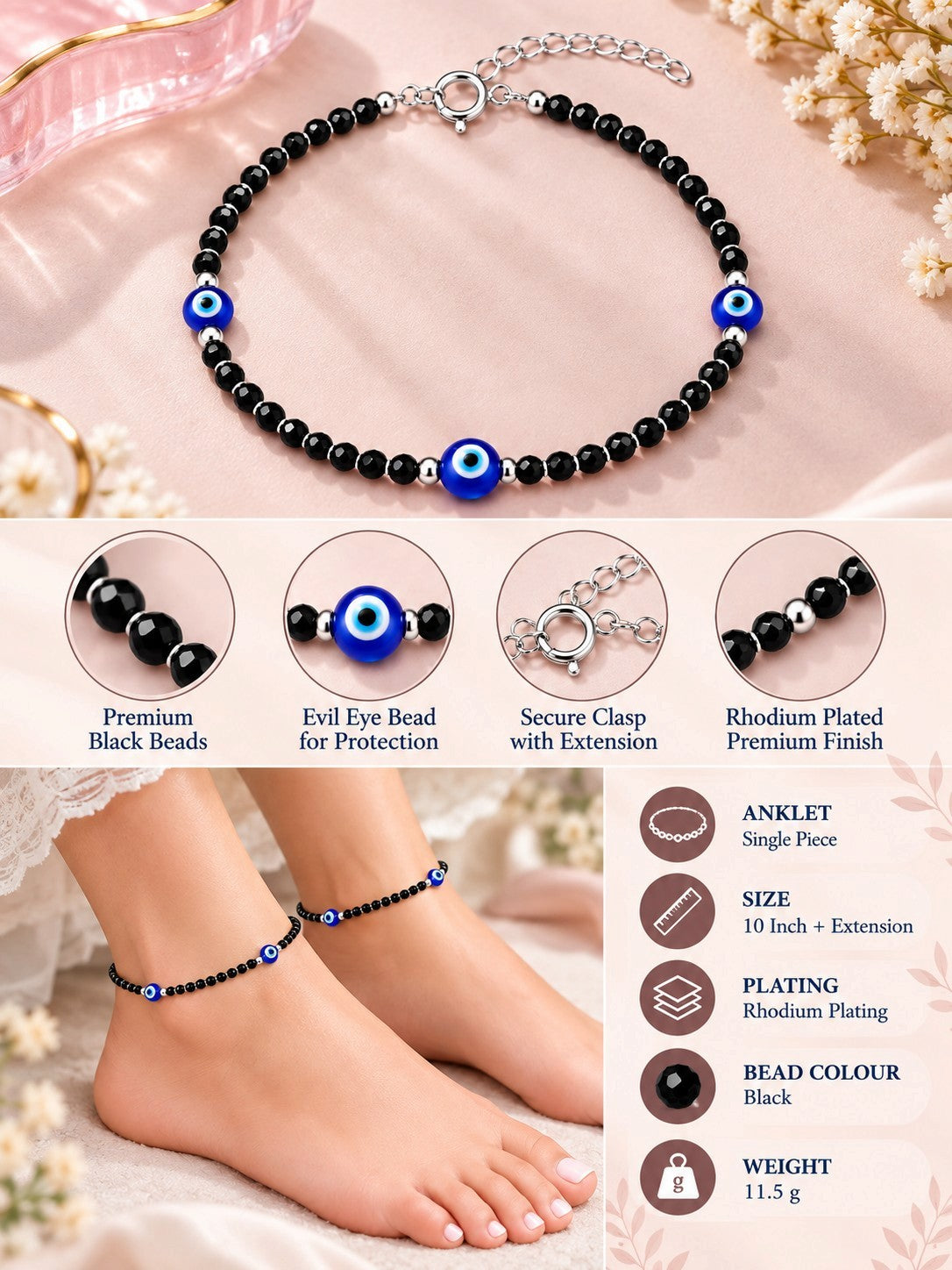 925 Sterling Silver Triple Evil Eye Black Beads Payal