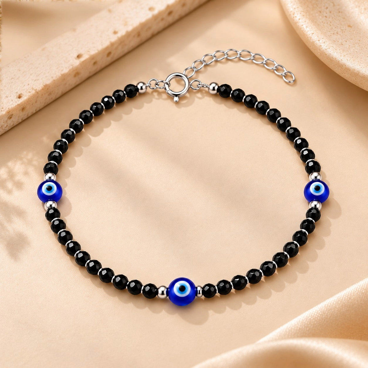 925 Sterling Silver Triple Evil Eye Black Beads Payal