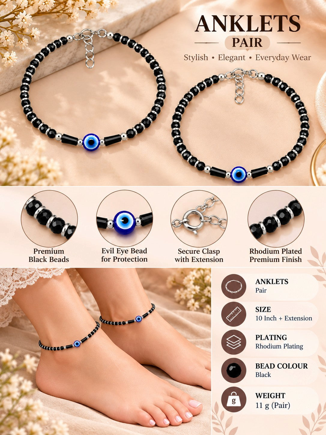 925 Sterling Silver Evil Eye Black Beads Payal