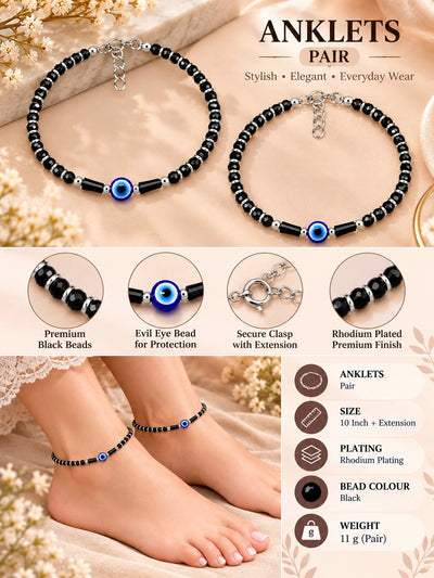 925 Sterling Silver Evil Eye Black Beads Payal