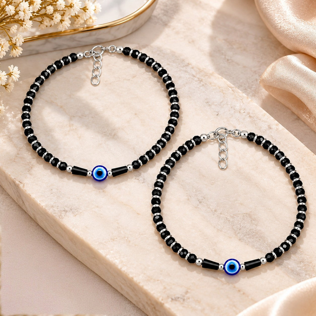 925 Sterling Silver Evil Eye Black Beads Payal