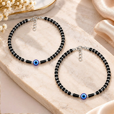 925 Sterling Silver Evil Eye Black Beads Payal