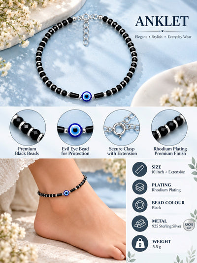 925 Sterling Silver Evil Eye Black Beads Payal