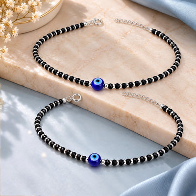 925 Sterling Silver Evil Eye Black Beads Anklets