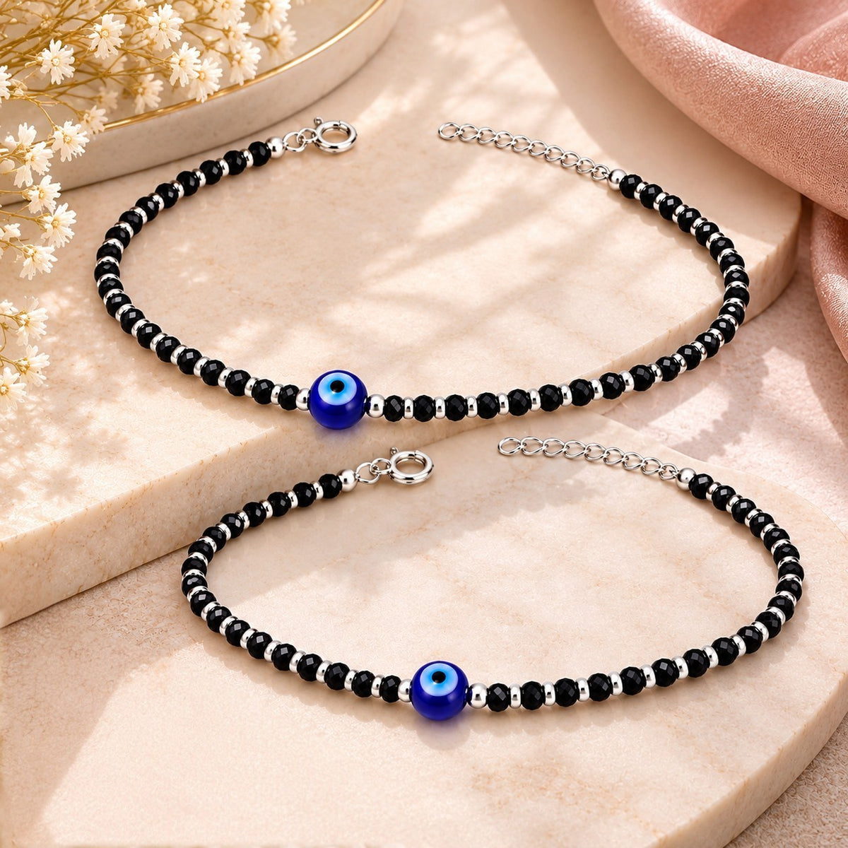 925 Sterling Silver Evil Eye Black Beads Anklets
