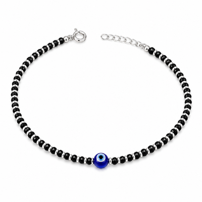 925 Sterling Silver Evil Eye Black Beads Anklets