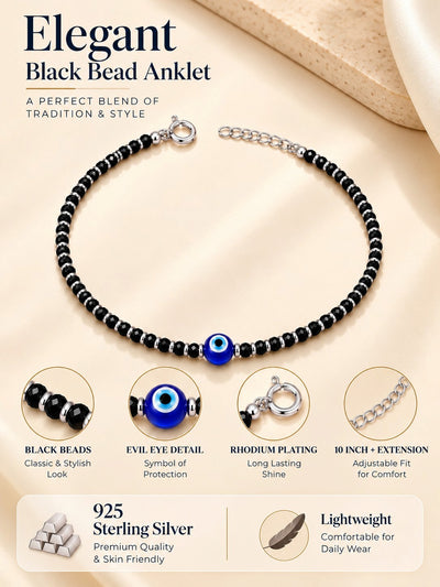 925 Sterling Silver Evil Eye Black Beads Anklets