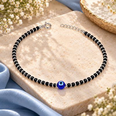 925 Sterling Silver Evil Eye Black Beads Anklets