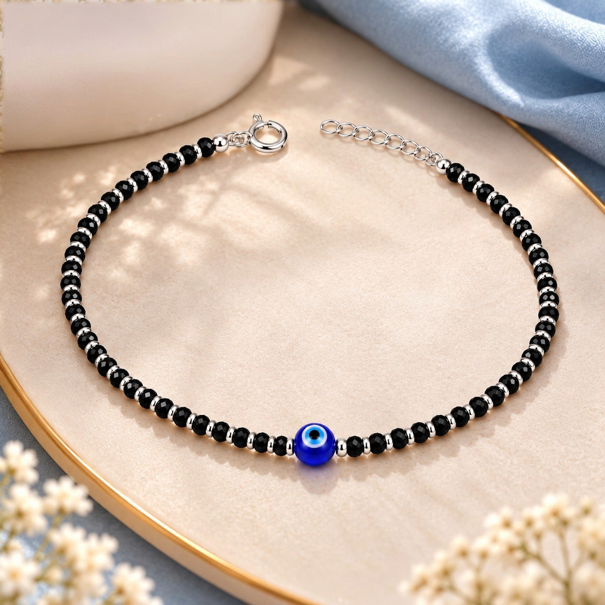 925 Sterling Silver Evil Eye Black Beads Anklets
