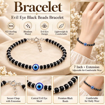 925 Sterling Silver Evil Eye Black Beads Nazariya Bracelet