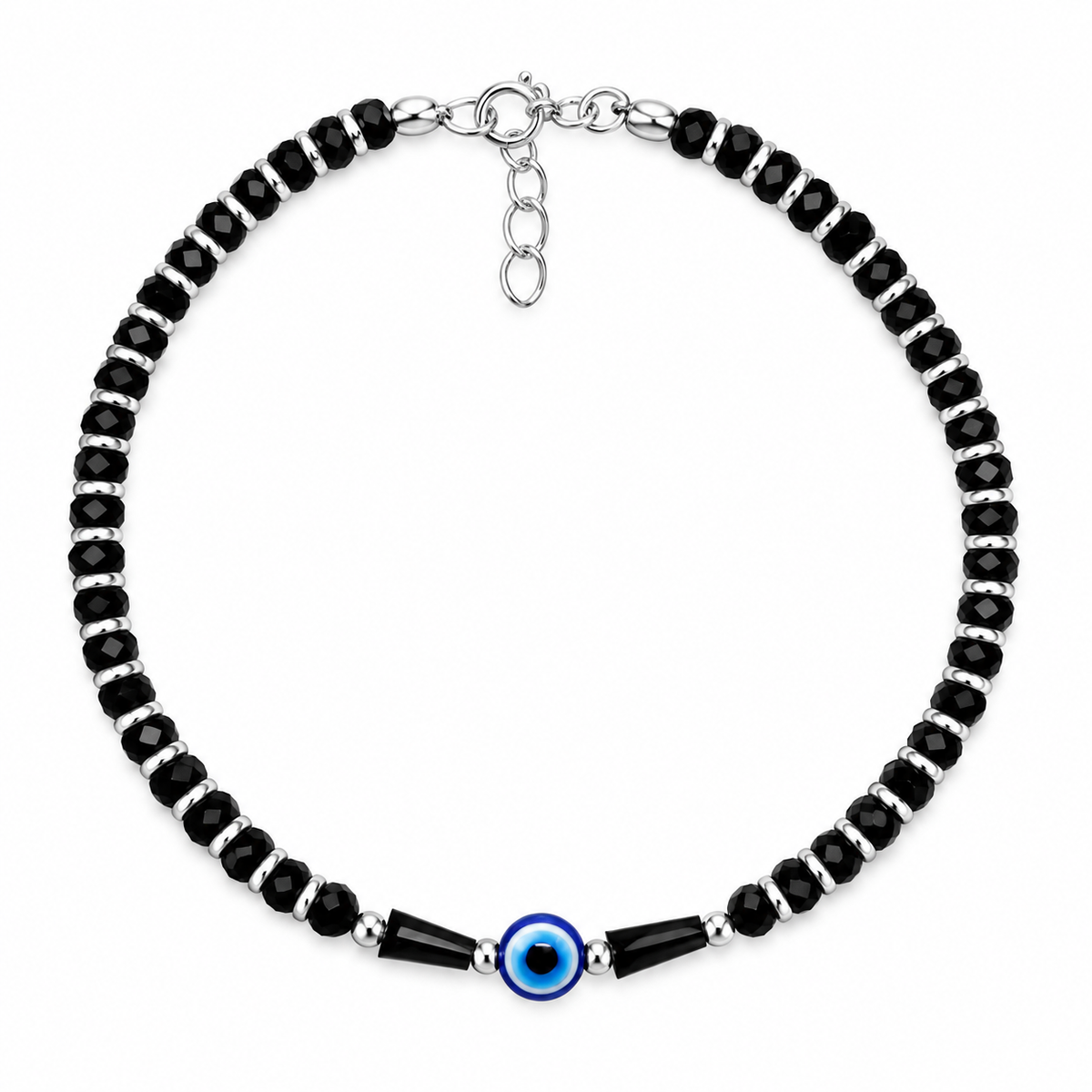925 Sterling Silver Evil Eye Black Beads Bracelet