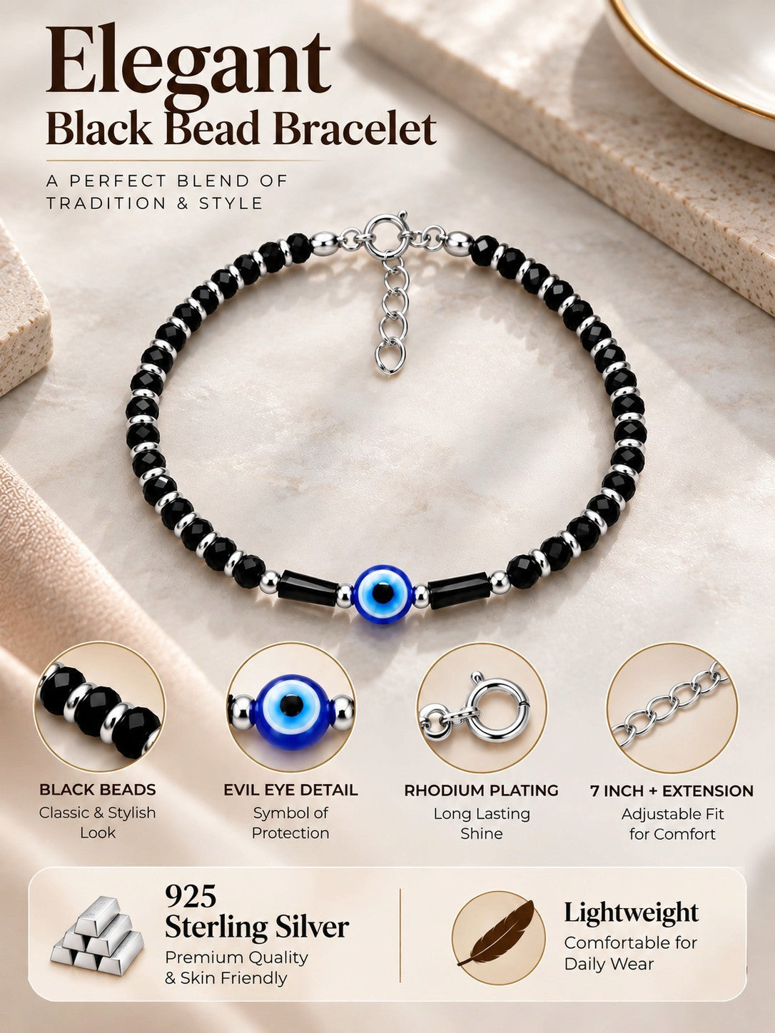 925 Sterling Silver Evil Eye Black Beads Bracelet