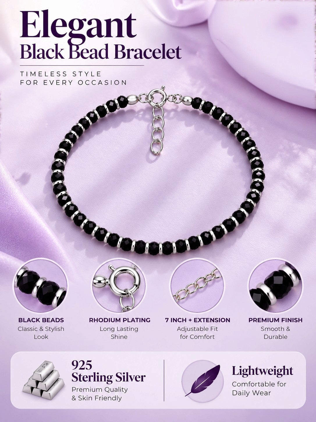 925 Sterling Silver Black Beads Nazariya Bracelet