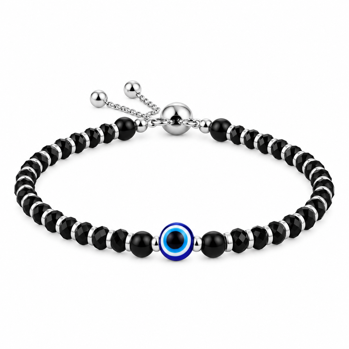 925 Sterling Silver Evil Eye Black Beads Adjustable Bracelet