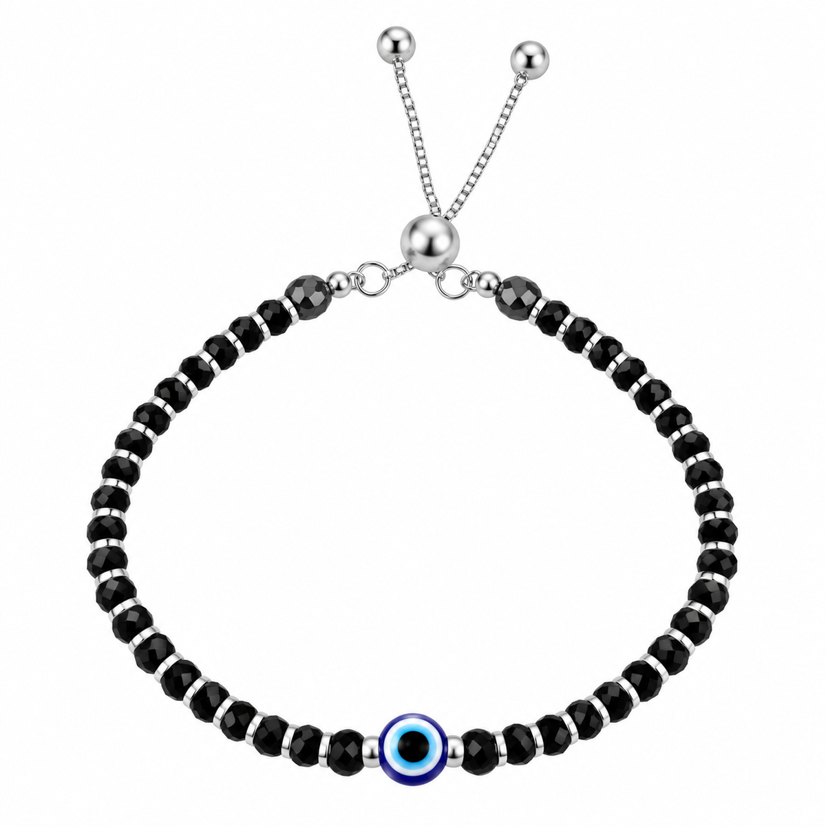 925 Sterling Silver Evil Eye Black Beads Adjustable Bracelet