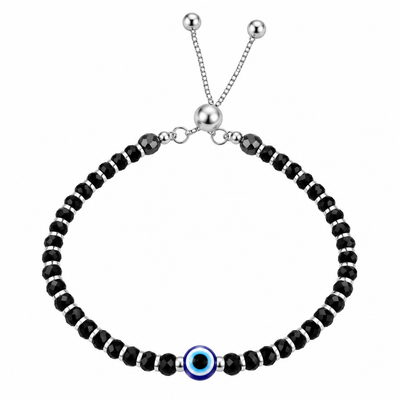 925 Sterling Silver Evil Eye Black Beads Adjustable Bracelet