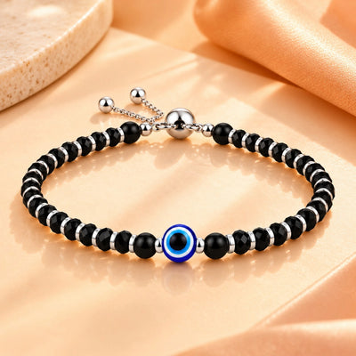 925 Sterling Silver Evil Eye Black Beads Adjustable Bracelet