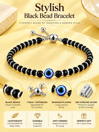 925 Sterling Silver Evil Eye Black Beads Adjustable Bracelet
