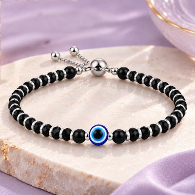 925 Sterling Silver Evil Eye Black Beads Adjustable Bracelet
