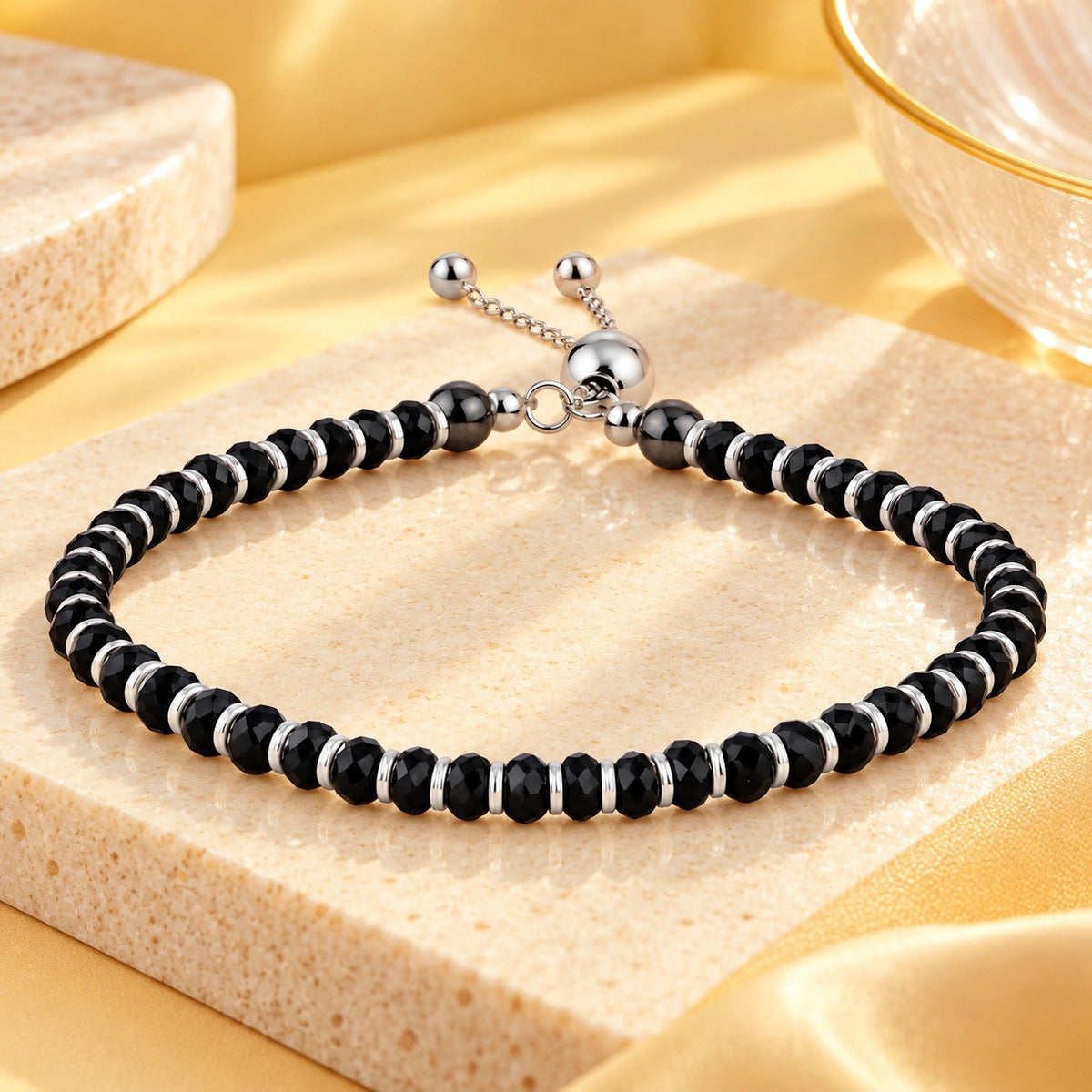 925 Sterling Silver Black Beads Adjustable Nazariya Bracelet