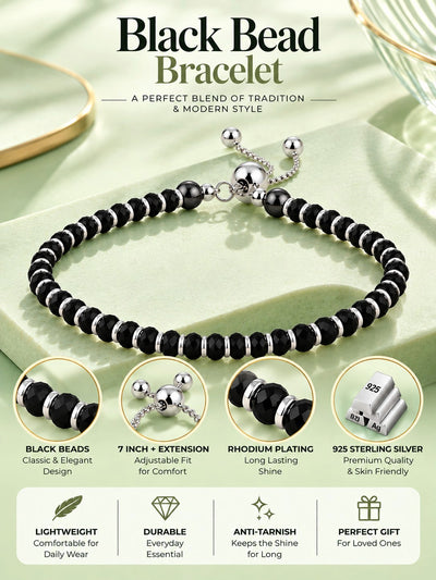 925 Sterling Silver Black Beads Adjustable Nazariya Bracelet