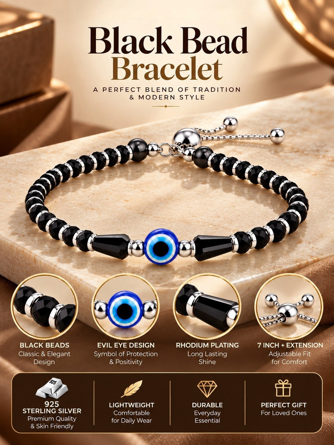 925 Sterling Silver Evil Eye Black Beads Nazariya Bracelet
