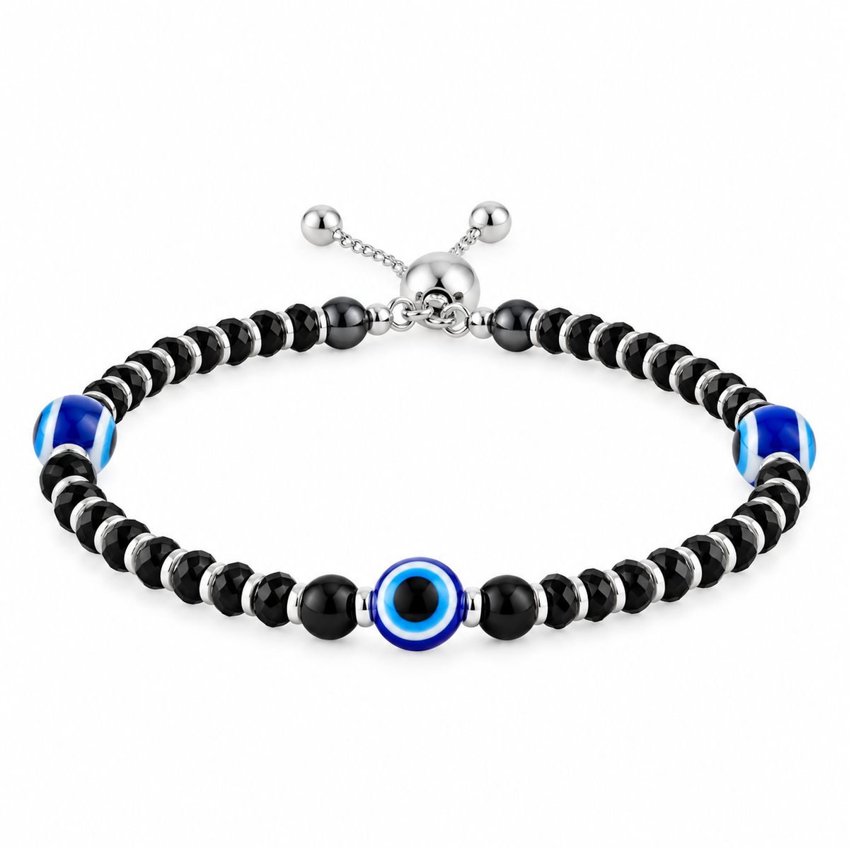 925 Sterling Silver Triple Evil Eye Black Beads Adjustable Bracelet