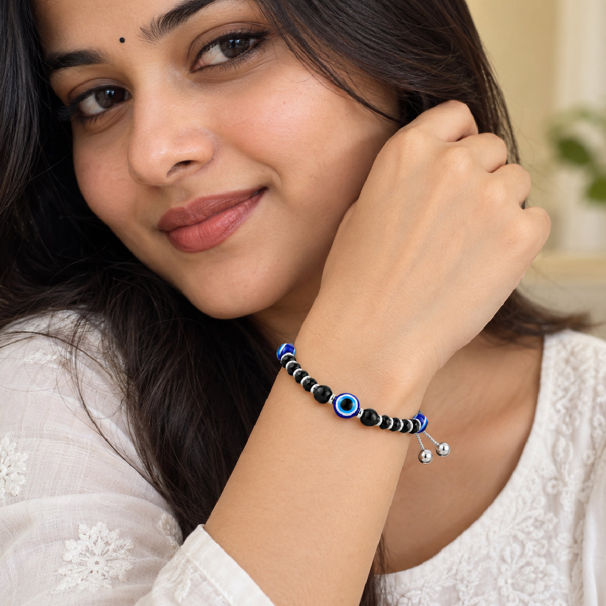 925 Sterling Silver Triple Evil Eye Black Beads Adjustable Bracelet