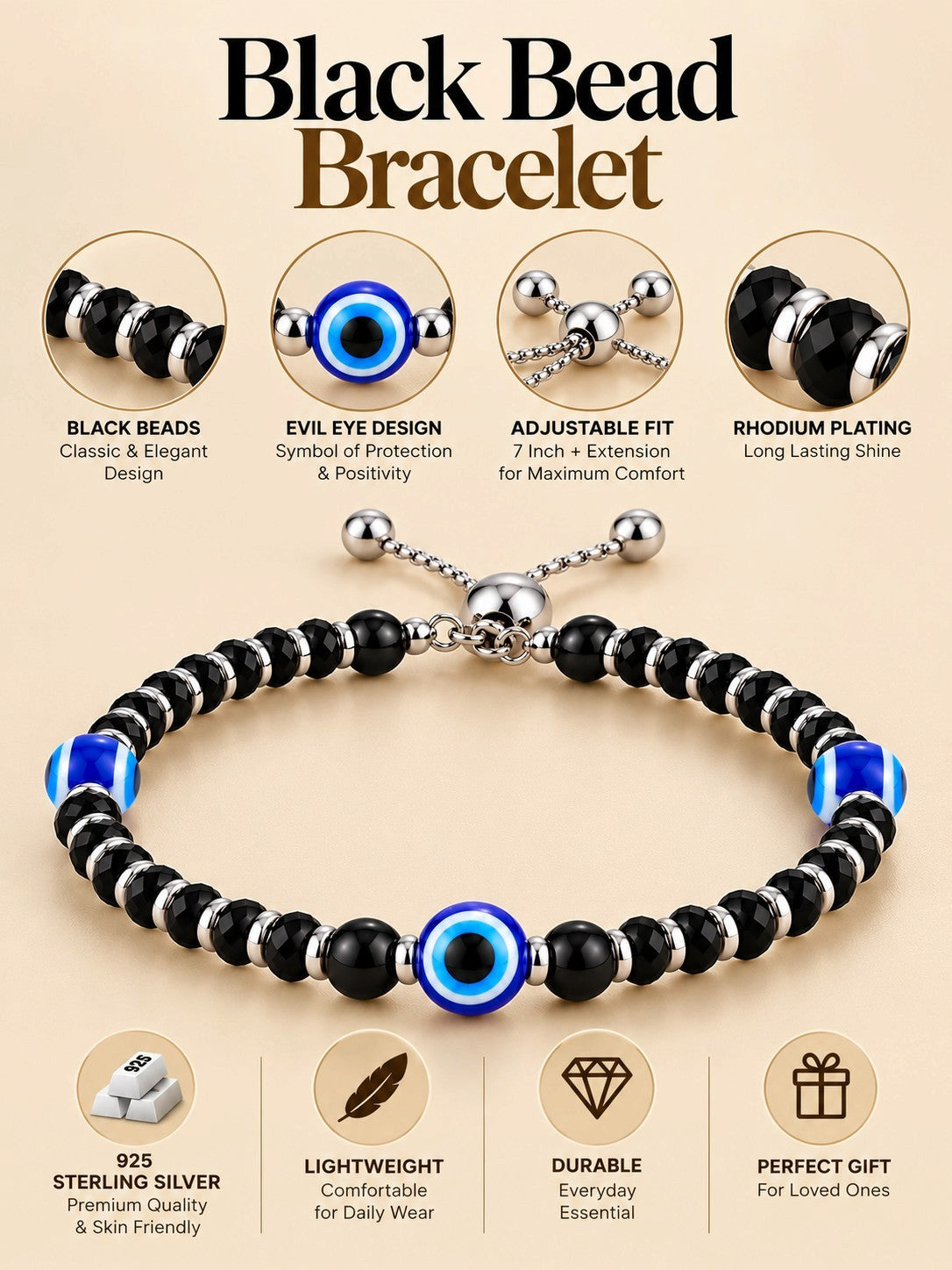925 Sterling Silver Triple Evil Eye Black Beads Adjustable Bracelet