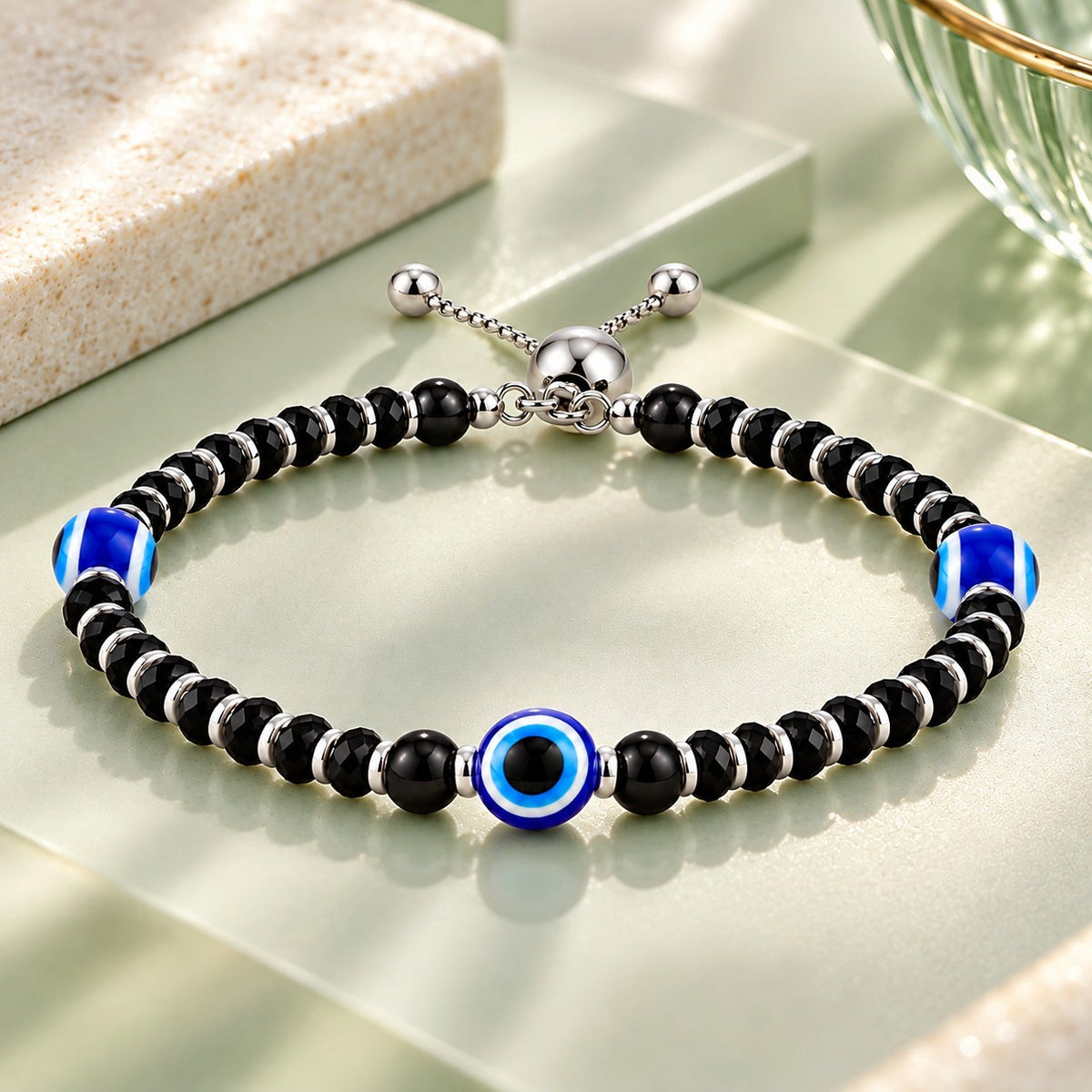 925 Sterling Silver Triple Evil Eye Black Beads Adjustable Bracelet