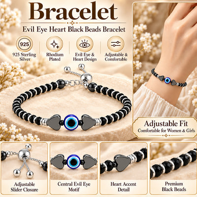 925 Sterling Silver Evil Eye Heart Black Beads Adjustable Bracelet