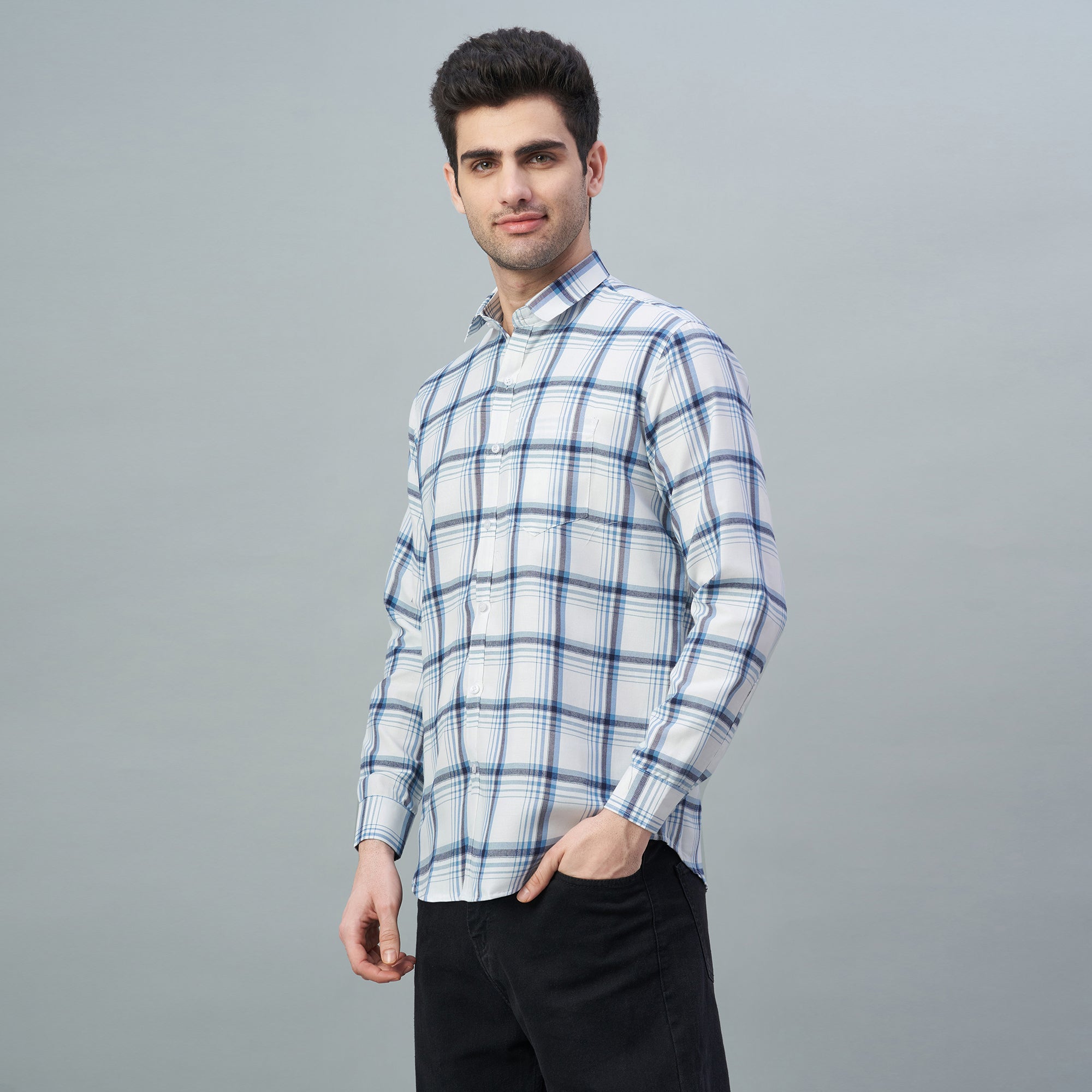Men's White & Blue Checks 100% Cotton Shirt