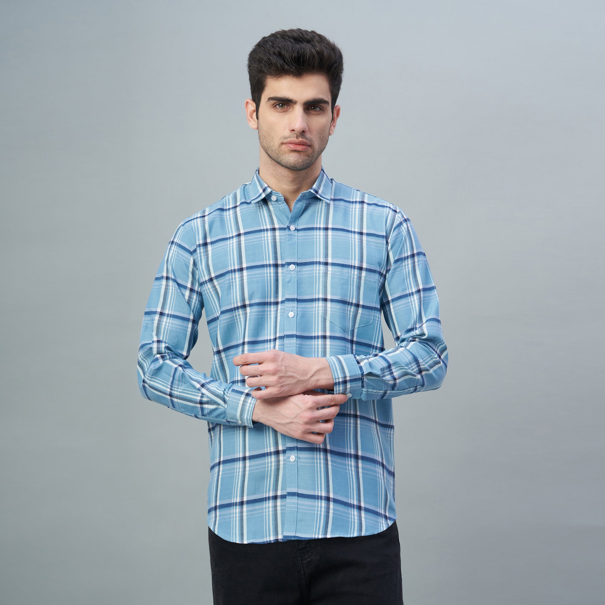 Men's White & Blue Checks 100% Cotton Shirt