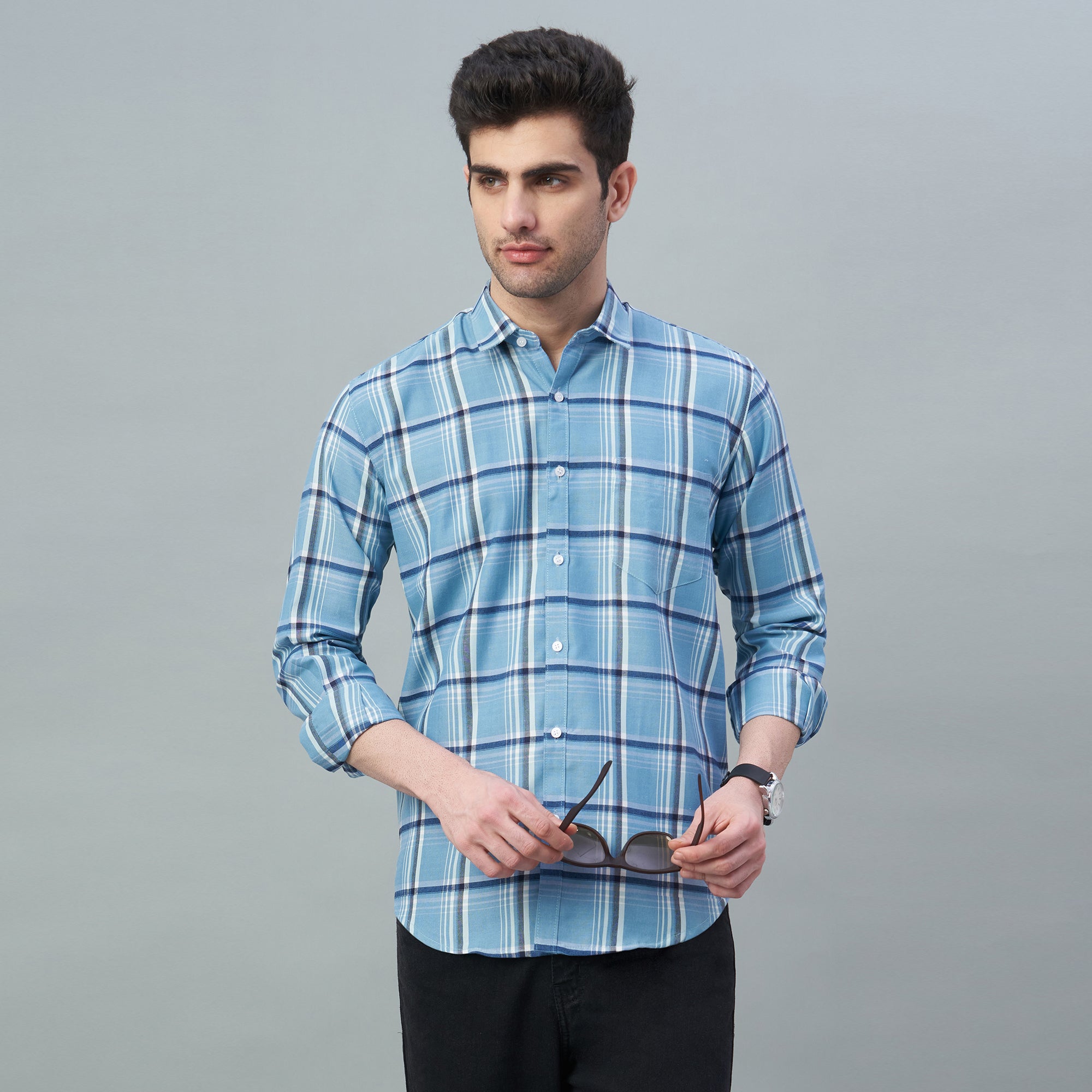 Men's White & Blue Checks 100% Cotton Shirt
