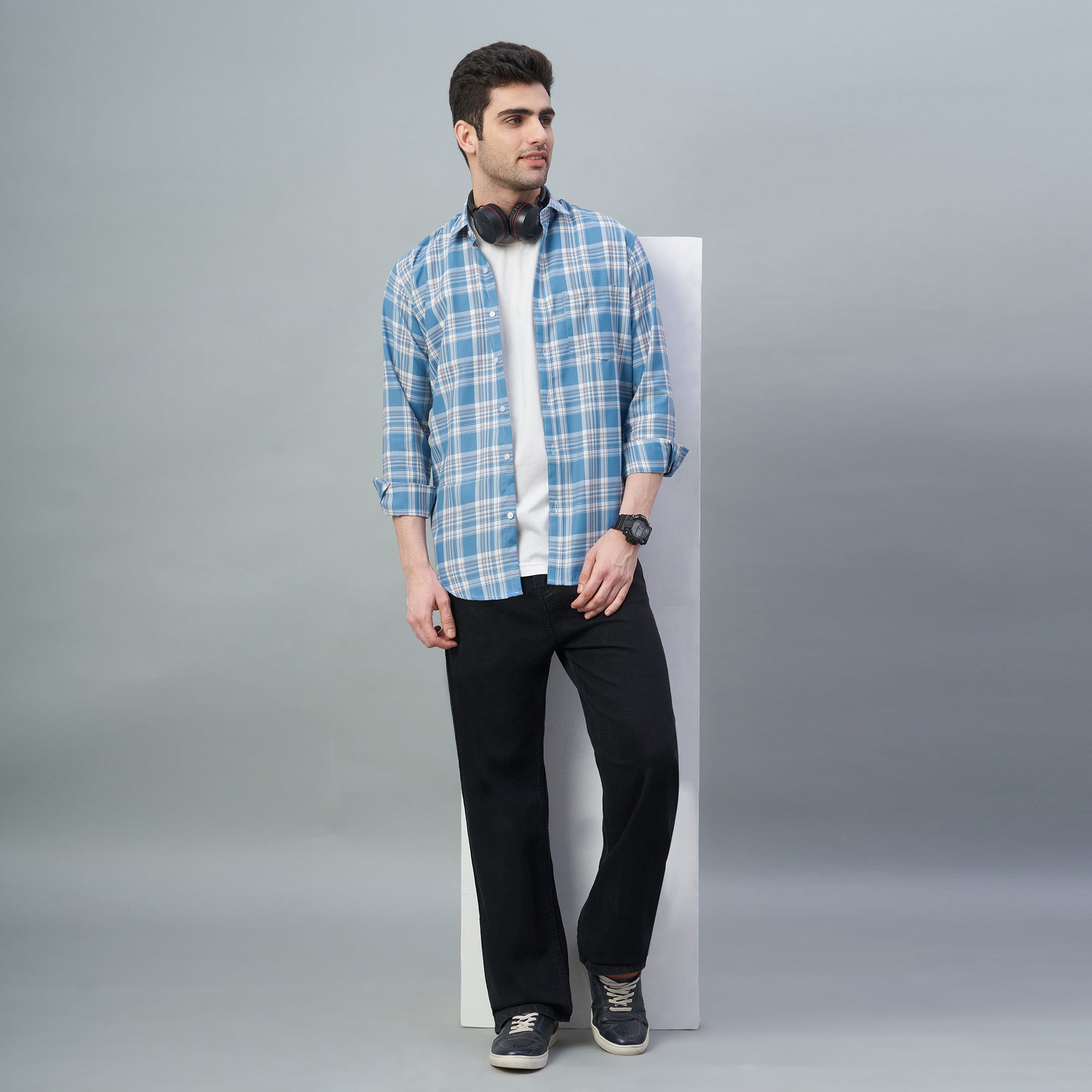 Men's Light Blue Checks 100% Cotton Shirt