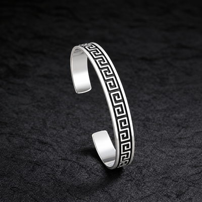 Swoke 925 Sterling Silver Greek Key Cuff Kada - Angle 3 - 925 Sterling Silver for Men