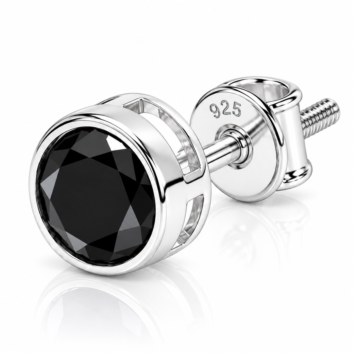 Swoke Round Black Stone Stud Earring - 925 Sterling Silver for Men