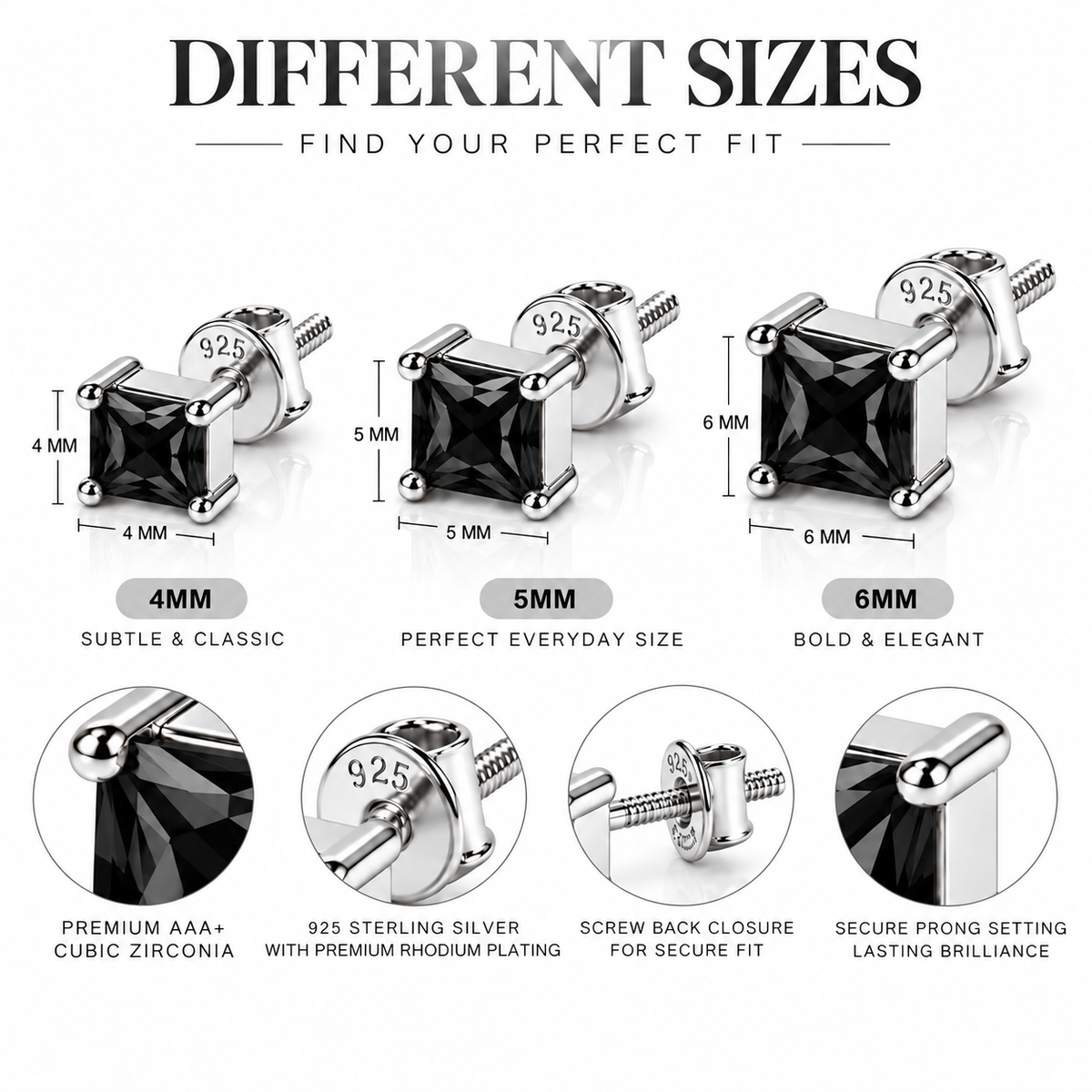 Swoke Square Black Stone Stud Earring - Angle 3 - 925 Sterling Silver for Men