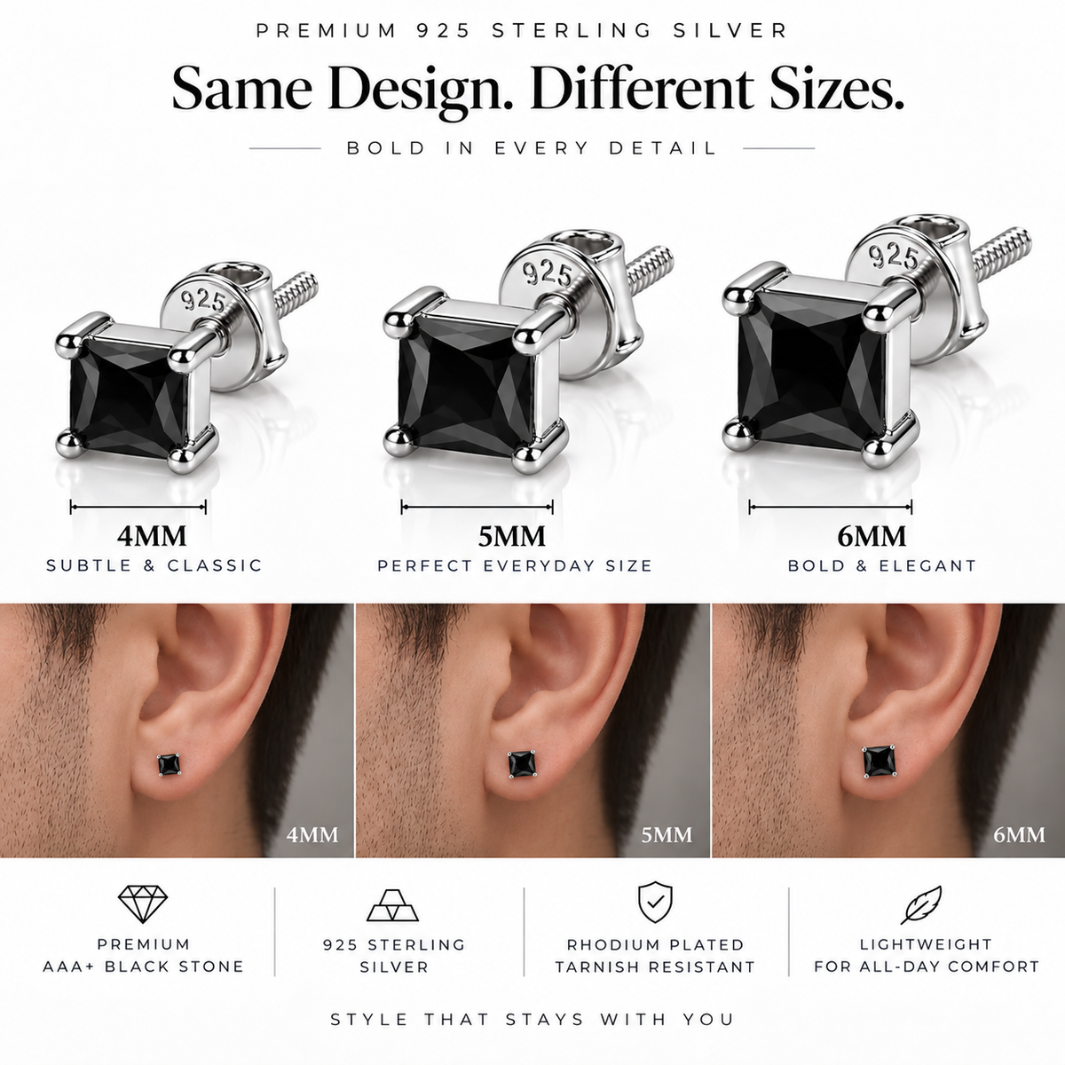 Swoke Square Black Stone Stud Earring - Angle 4 - 925 Sterling Silver for Men